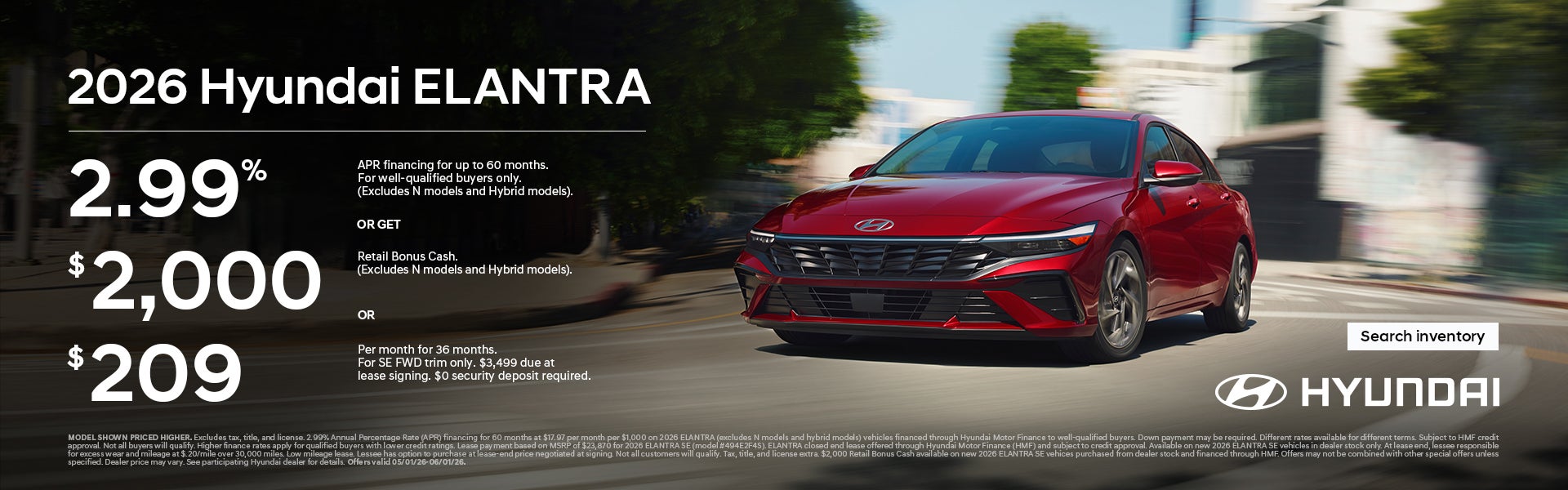 2026 Hyundai Elantra APR or Lease or Bonus Cash Offer